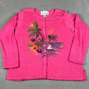 Quacker Factory Sweater Womens M Cardigan Sequins Button Palm Tree Boat Cruise